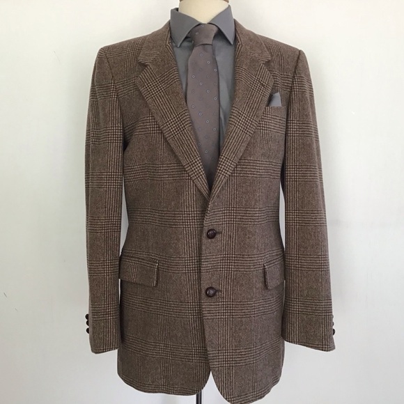 Camel Hair /Wool VTG Brown Window Pane Plaid 2 Leather Button Sports Coa… - Picture 1 of 16